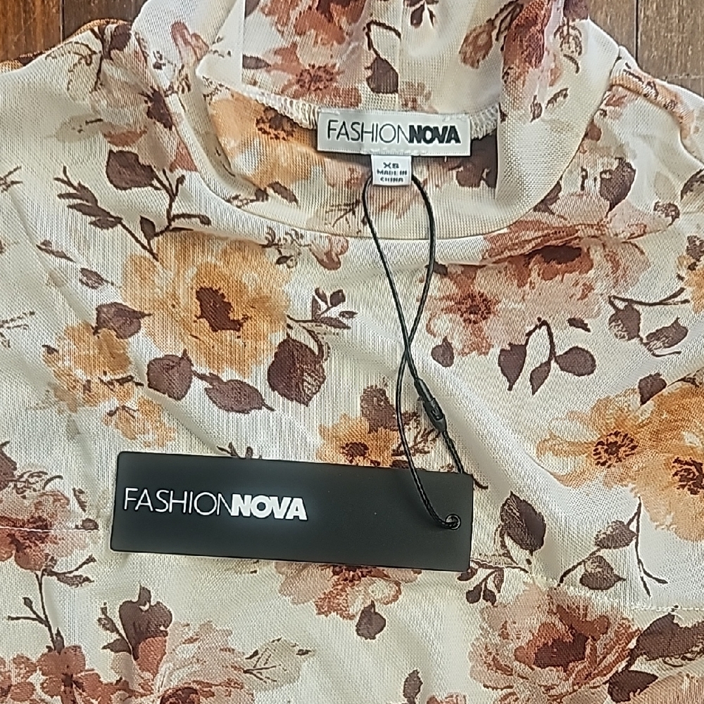 Fashion Nova Floral Long Sleeve Dress - Cream and Brown - Picture 5 of 5